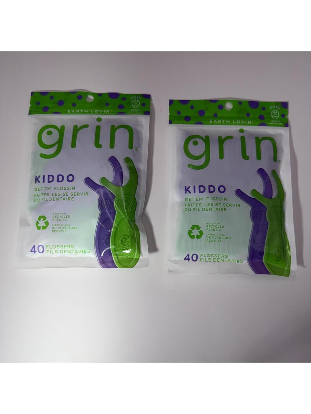 New 2-Pack Grin Kiddo Flossers 80ct Kids Recycled Plastic Dental Floss Picks